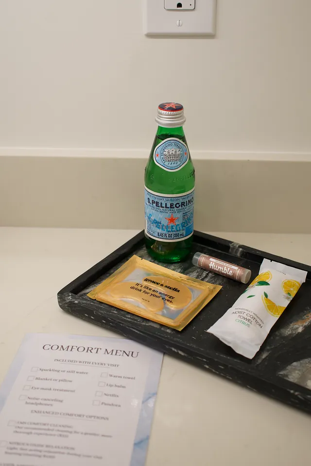 The Springs comfort tray: sparkling water, an eye mask and the comfort menu.